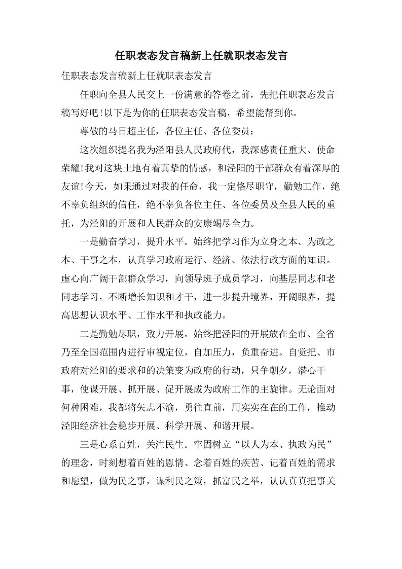 任职表态发言稿新上任就职表态发言