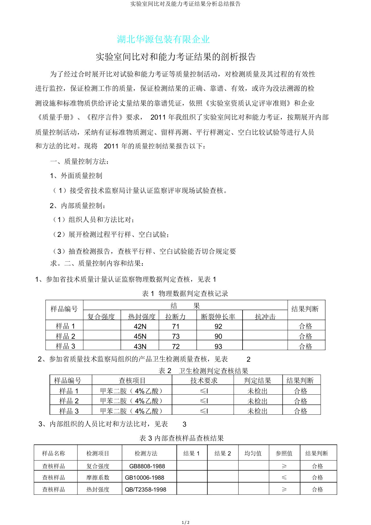 实验室间比对及能力验证结果解析总结报告