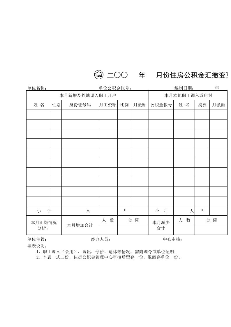 临沂市住房公积金汇缴变更表