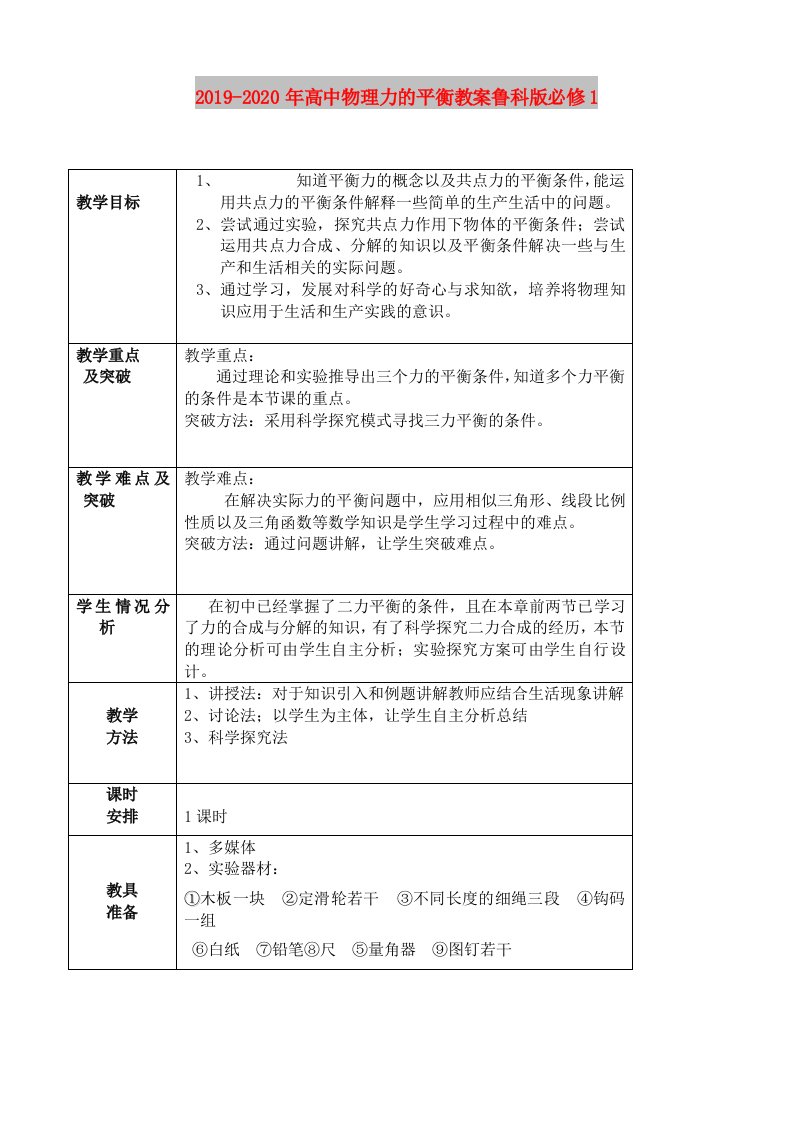 2019-2020年高中物理力的平衡教案鲁科版必修1