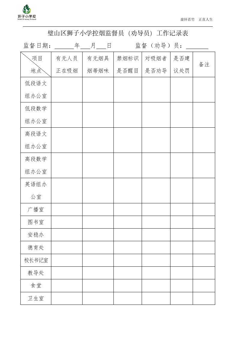 璧山区狮子小学控烟监督员工作记录表