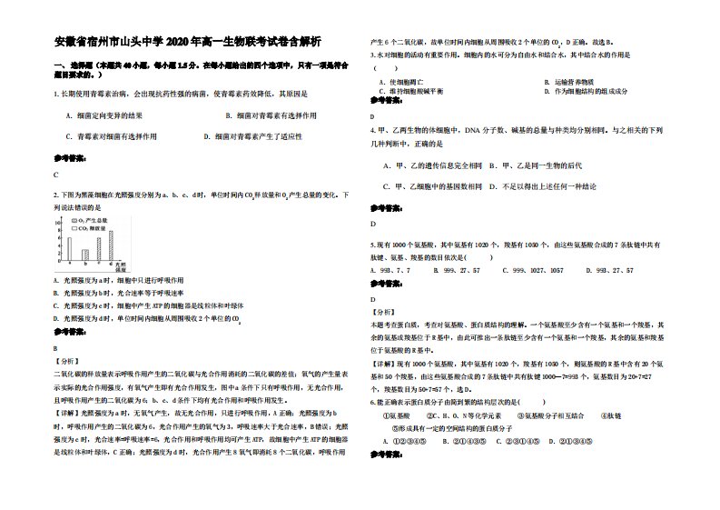 安徽省宿州市山头中学2020年高一生物联考试卷含解析