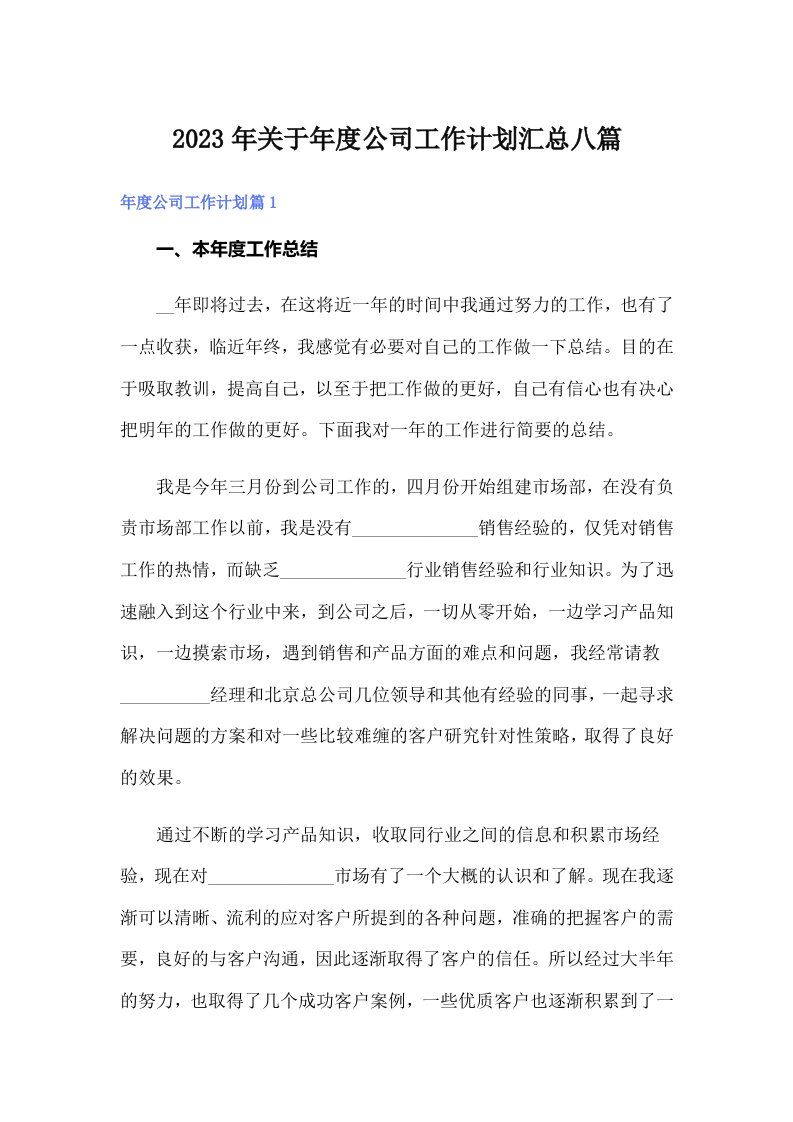 关于年度公司工作计划汇总八篇