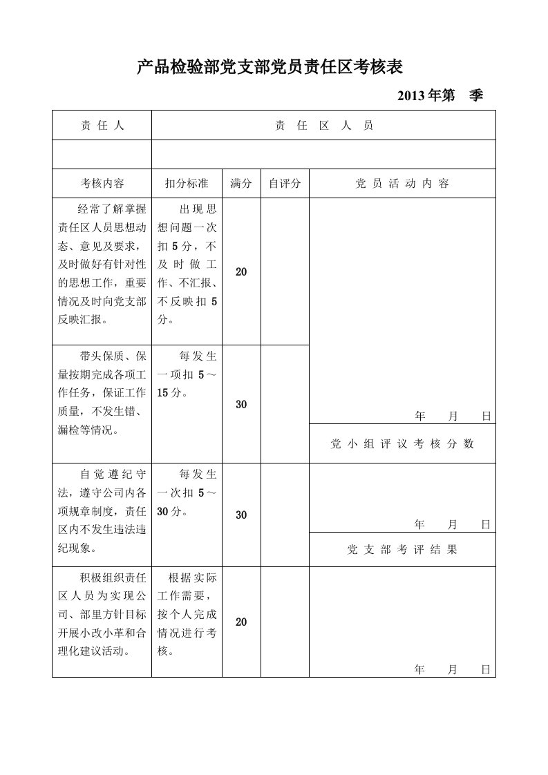 党员责任区考核表