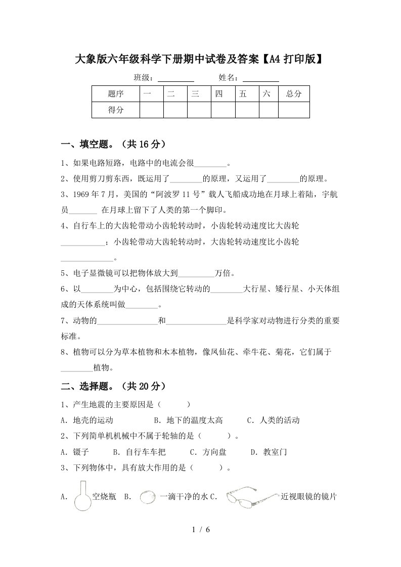 大象版六年级科学下册期中试卷及答案A4打印版