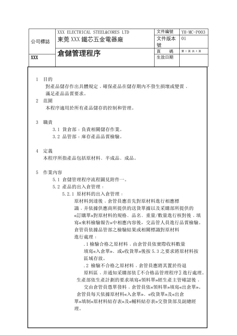 生产管理--铁芯仓储管理程序