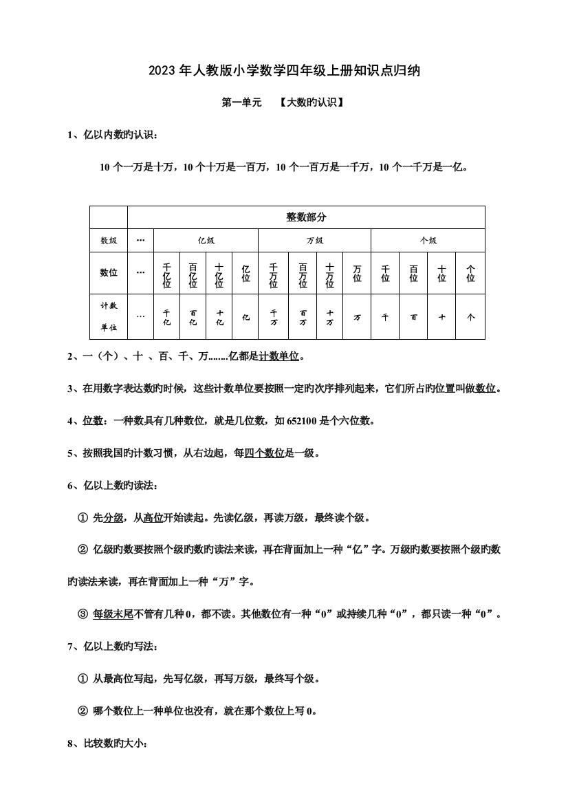 2023年最新人教版小学四年级数学上册知识点归纳