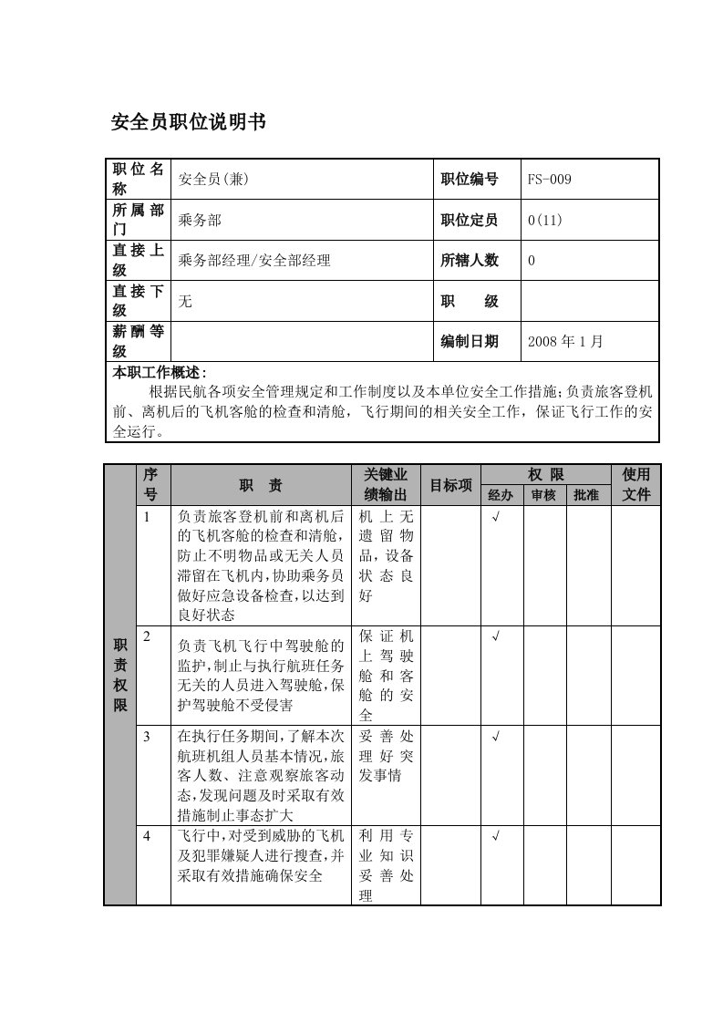 某航空物流公司安全员职位说明书及关键绩效标准