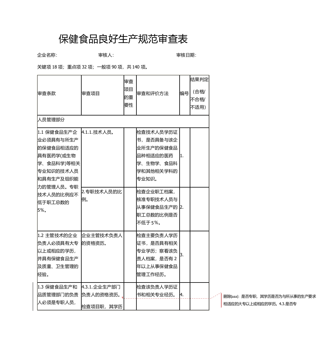 保健食品良好生产规范审查表