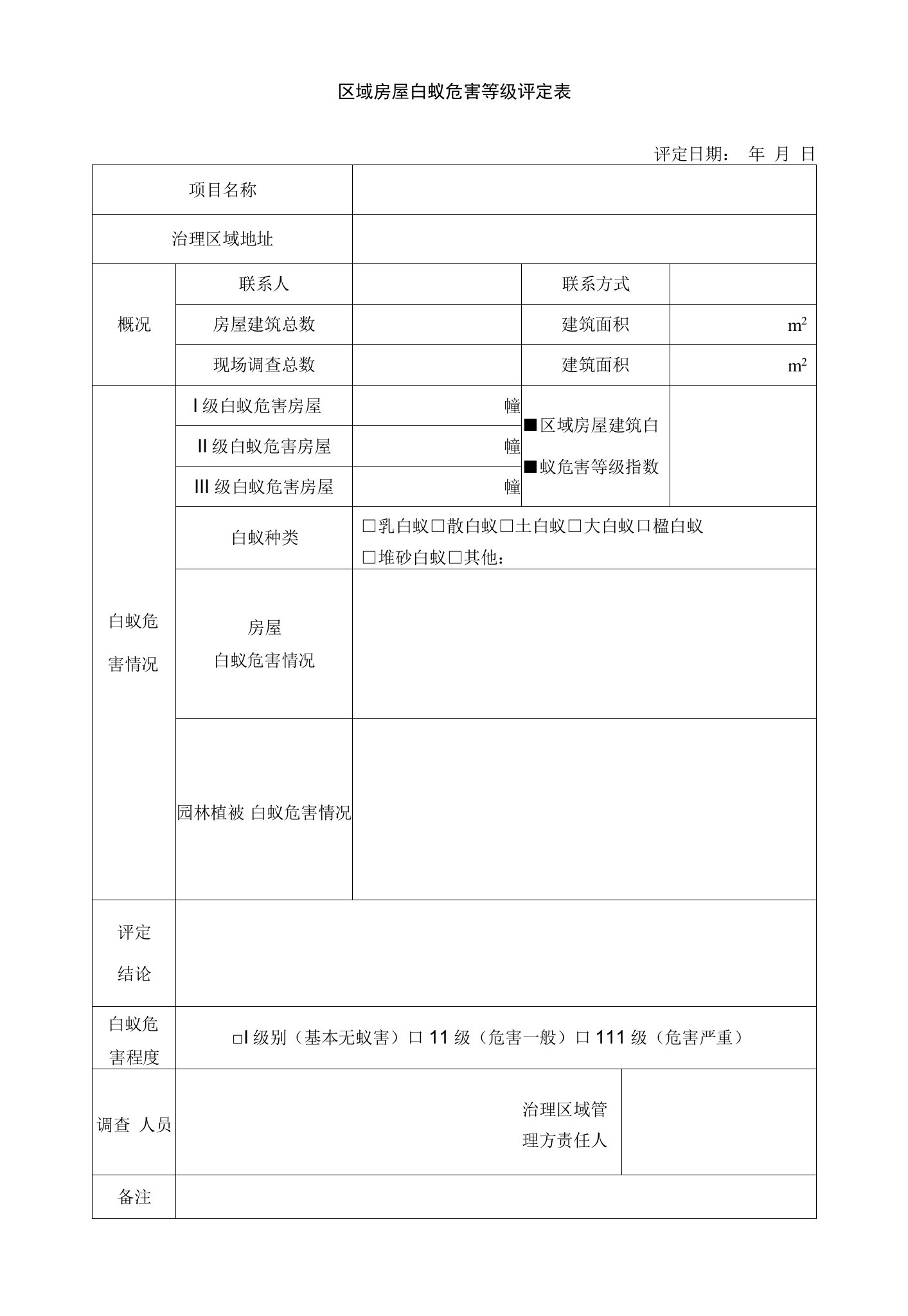 区域房屋白蚁危害等级评定表