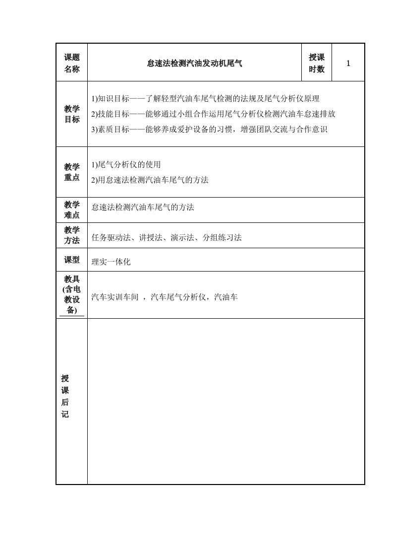 汽车尾气排放检测实验(汽油机)实训任务驱动