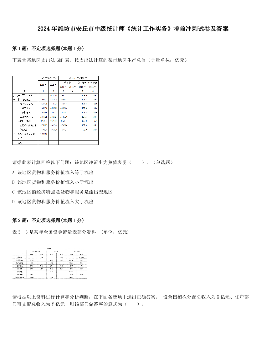 2024年潍坊市安丘市中级统计师《统计工作实务》考前冲刺试卷及答案