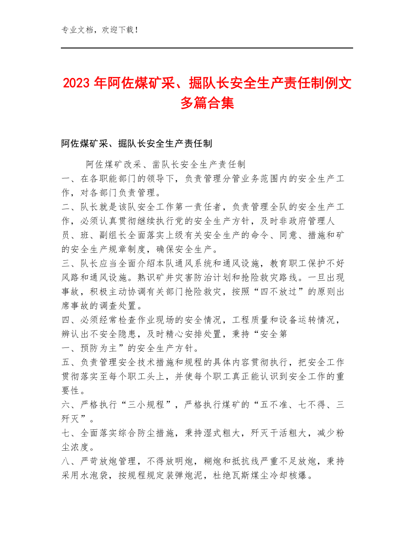 2023年阿佐煤矿采、掘队长安全生产责任制例文多篇合集