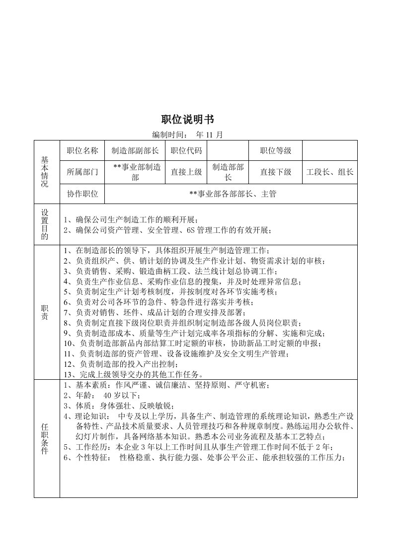 岗位职责-某大型摩配企业制造部副部长岗位说明书