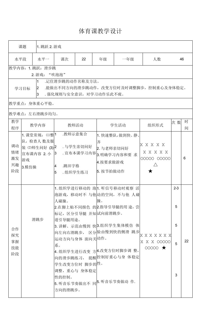 一年级下册体育表格式教案-20跳跃滑步跳-通用版