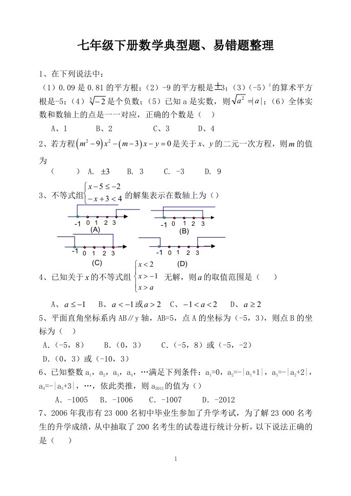 七年级下册数学典型题易错题整理