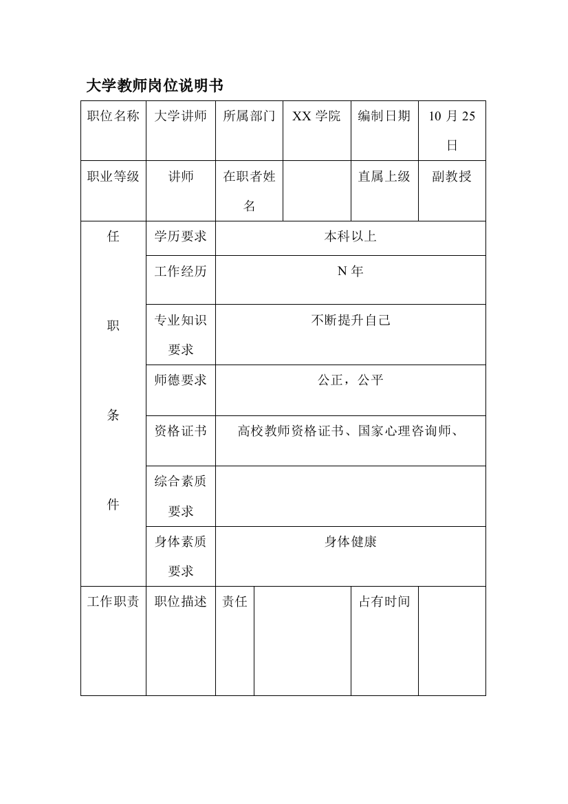 大学教师岗位说明书qiankaikai