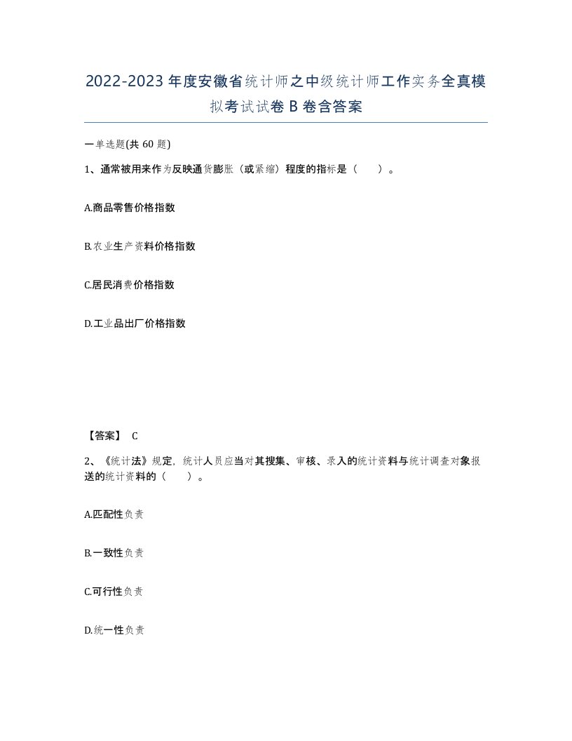 2022-2023年度安徽省统计师之中级统计师工作实务全真模拟考试试卷B卷含答案