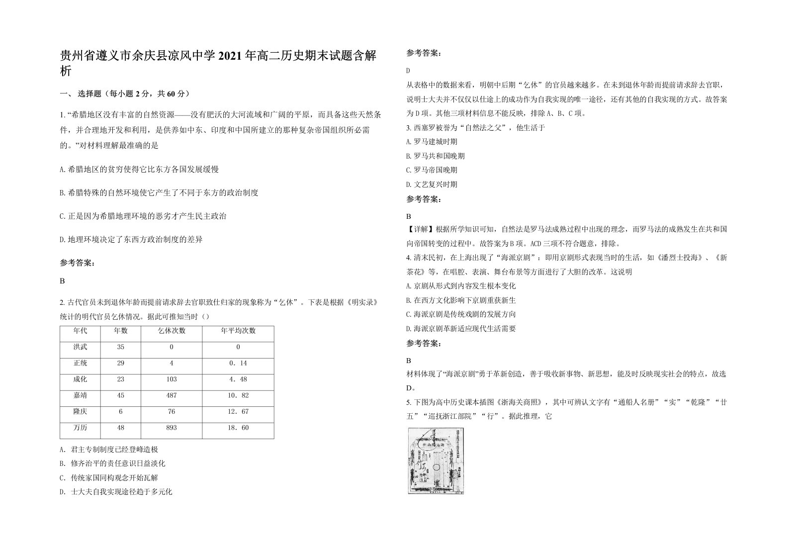 贵州省遵义市余庆县凉风中学2021年高二历史期末试题含解析