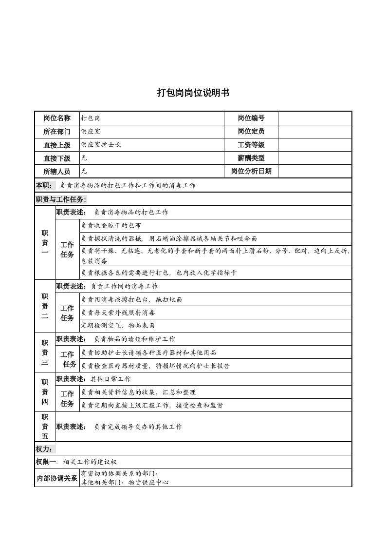 供应室打包岗岗位职责