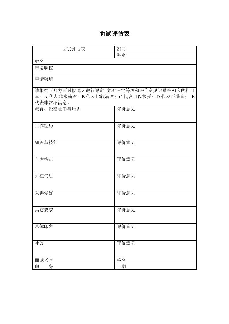 建筑资料-面试评估表