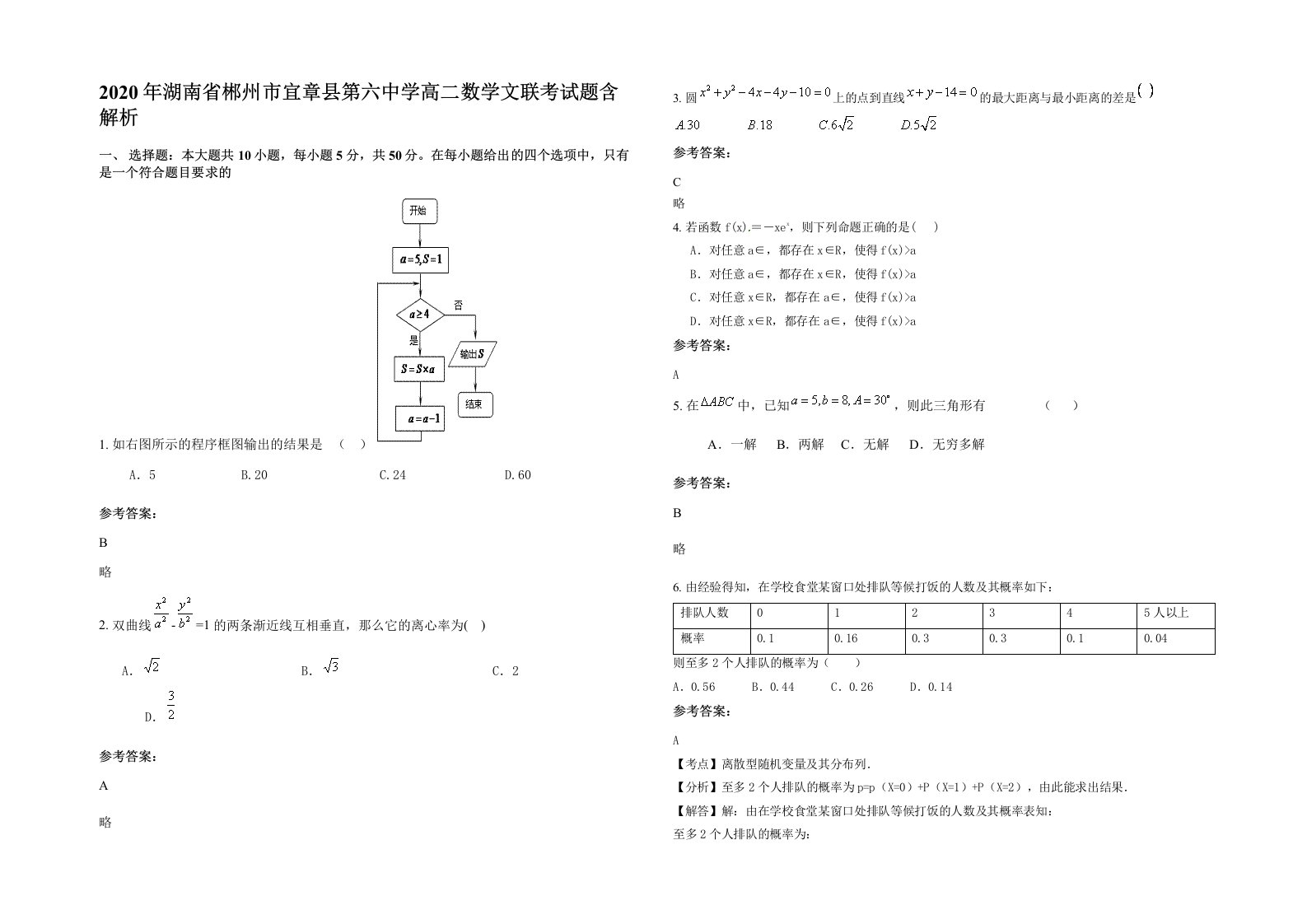 2020年湖南省郴州市宜章县第六中学高二数学文联考试题含解析