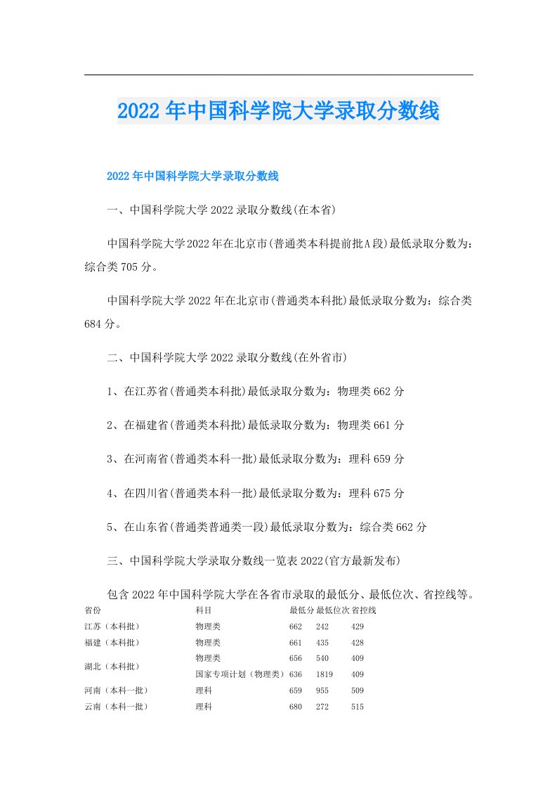 中国科学院大学录取分数线