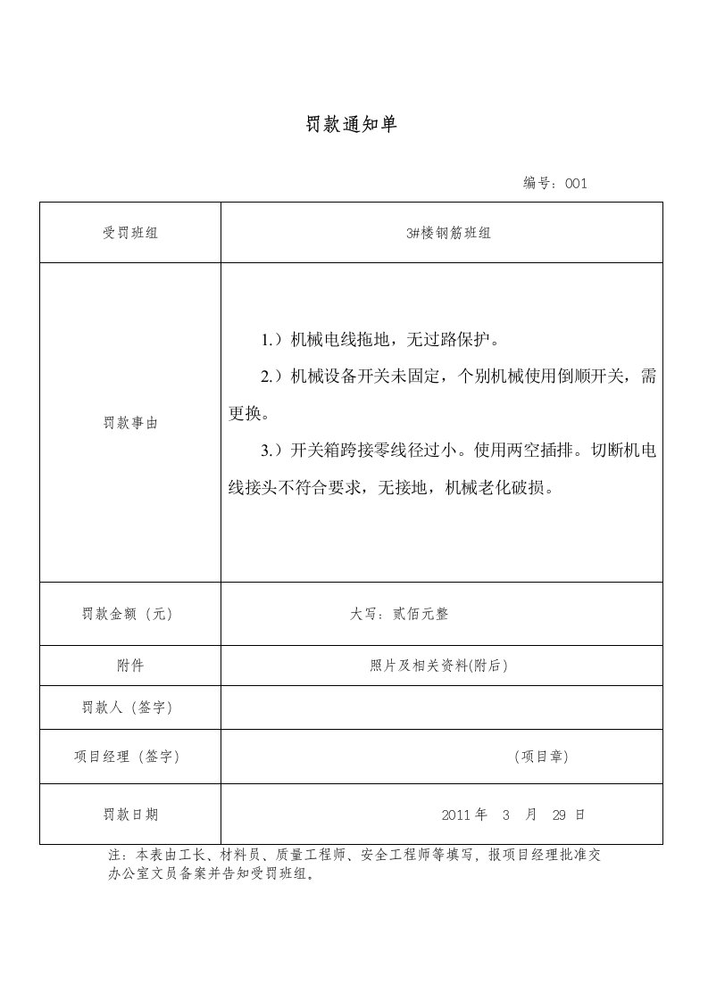 施工班组罚款通知单