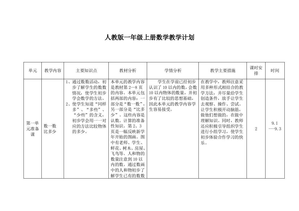 新课标一册数学教学计划上册