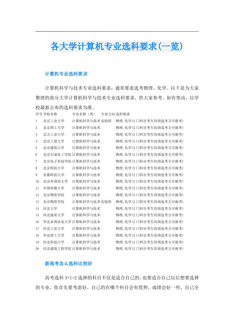 各大学计算机专业选科要求(一览)