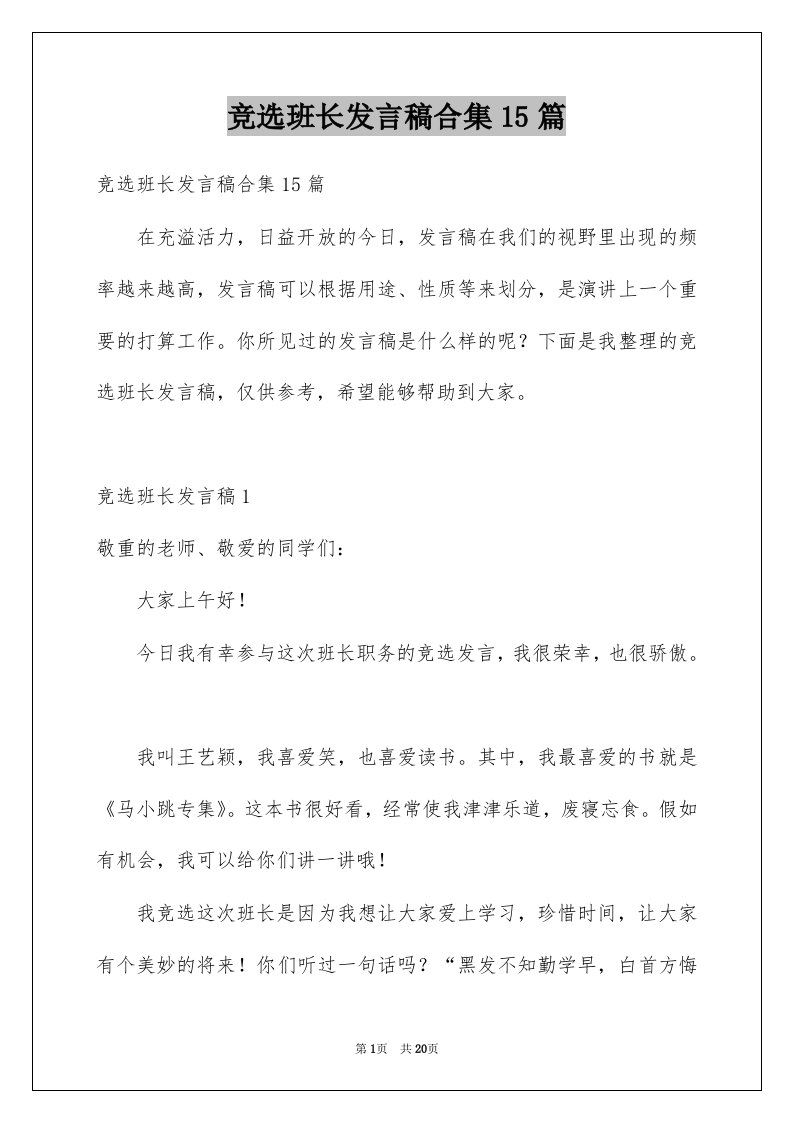 竞选班长发言稿合集15篇例文1