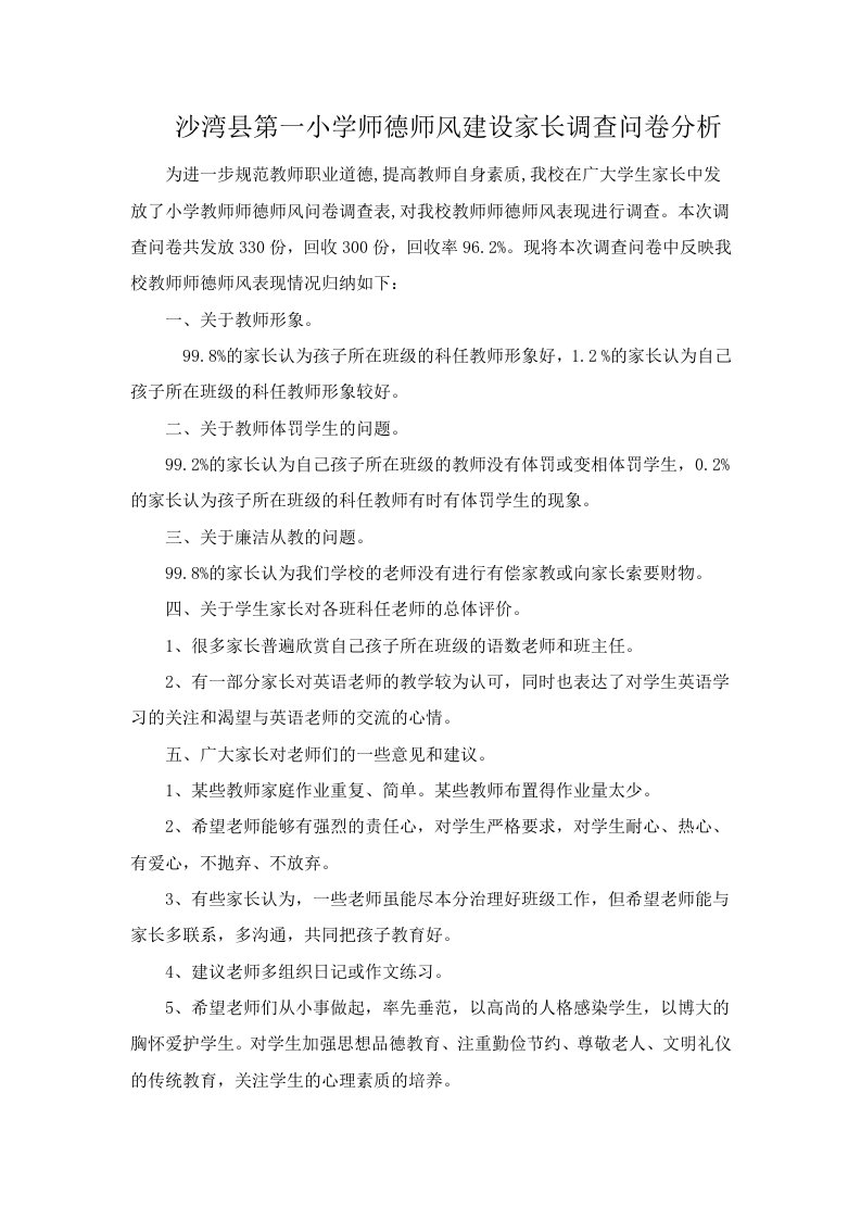 师德师风建设家长问卷调查分析