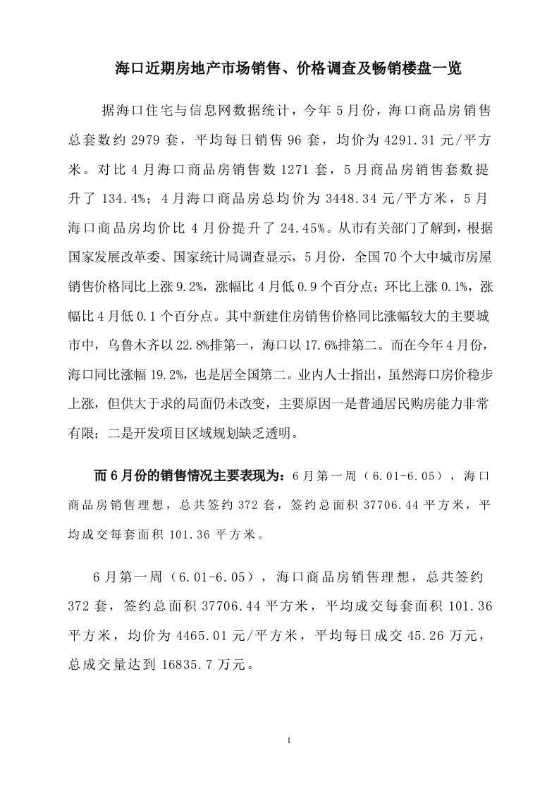 海口近期销售价格及相关畅销楼盘一览表(最新)