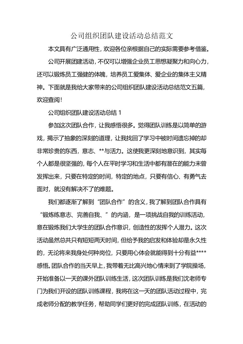 公司组织团队建设活动总结范文