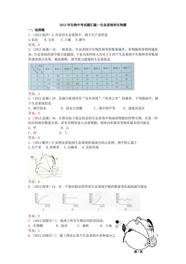 生物中考试题汇编-生态系统和生物圈