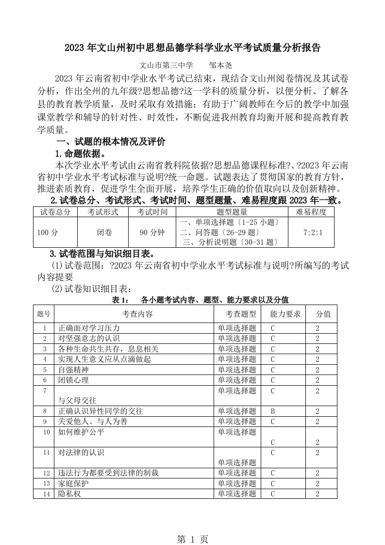 云南省文山州初中思想品德学科学业水平考试质量分析报告