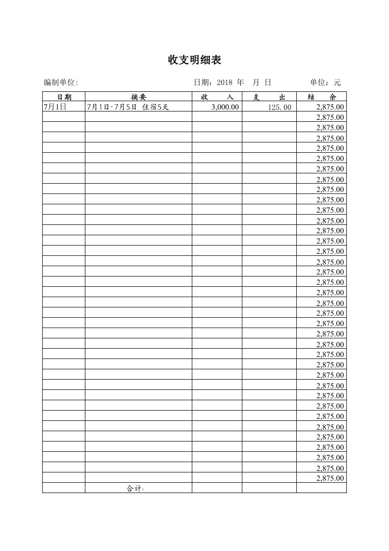 收入支出明细表模板