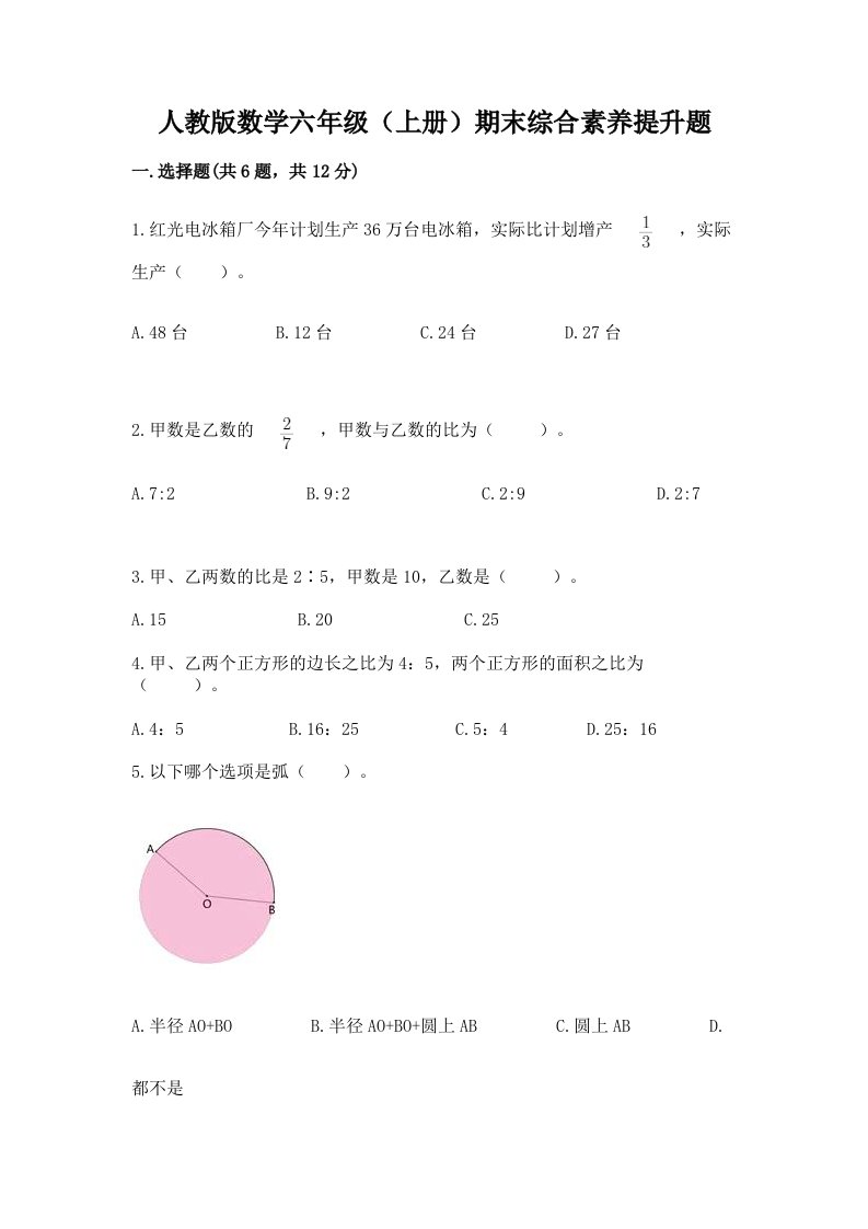 人教版数学六年级（上册）期末综合素养提升题（各地真题）