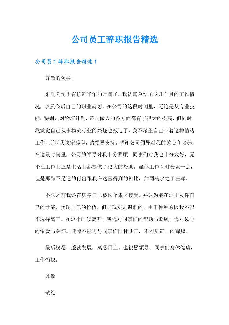 公司员工辞职报告精选