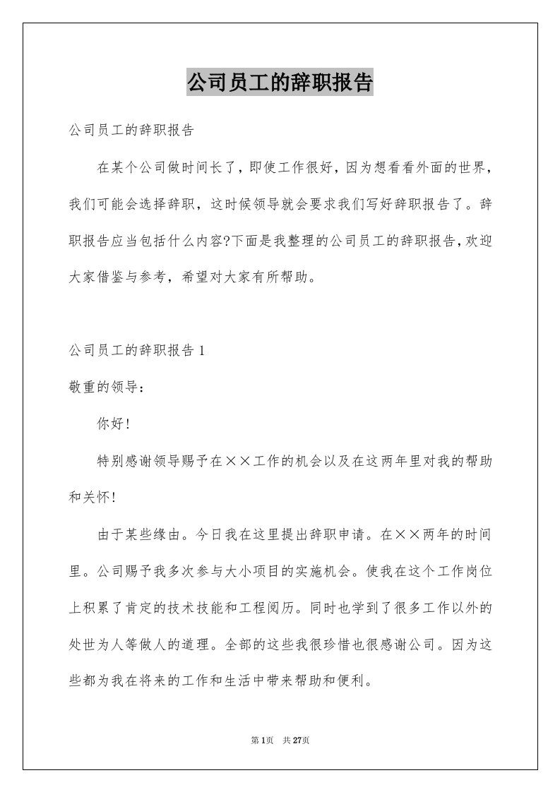 公司员工的辞职报告例文6