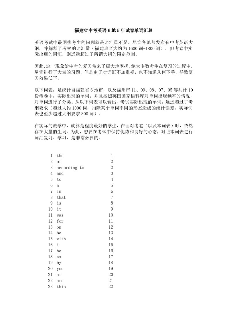 福建省中考英语6地5年试卷单词汇总