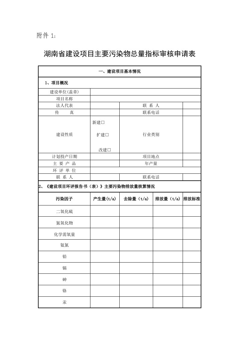 湖南建设项目主要污染物总量指标审核申请表