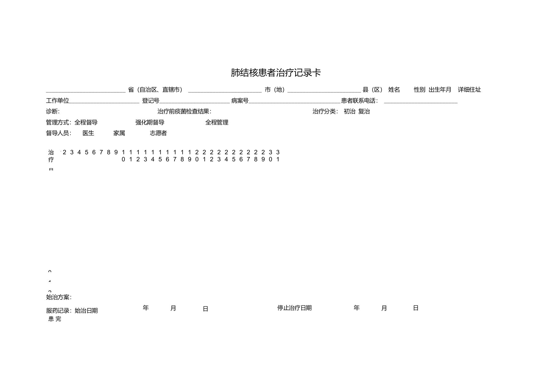 肺结核患者服药治疗记录卡