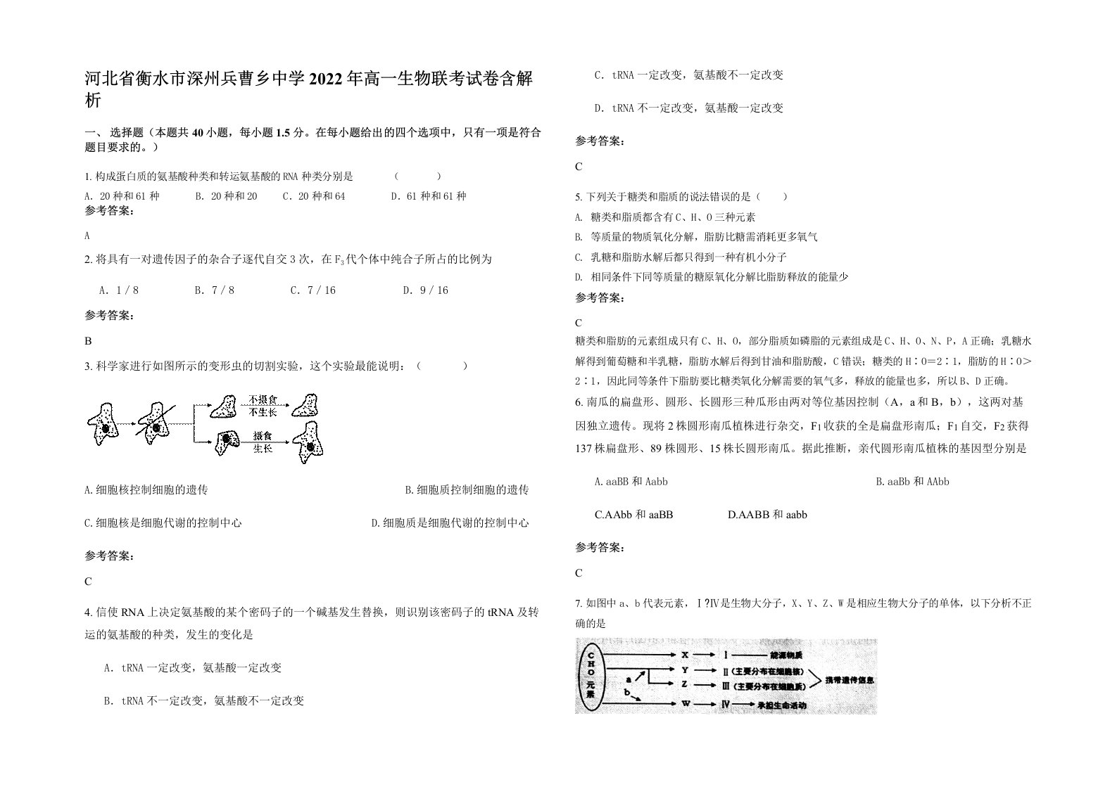 河北省衡水市深州兵曹乡中学2022年高一生物联考试卷含解析