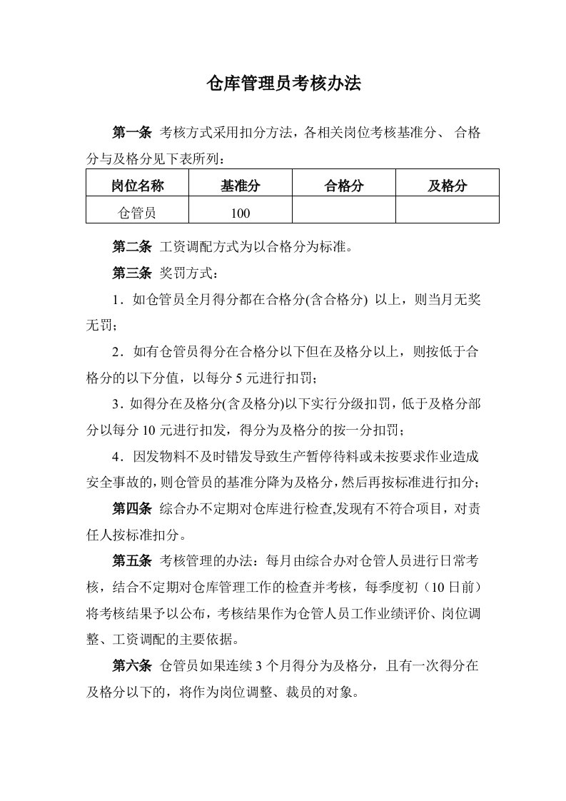 仓库管理员考核办法