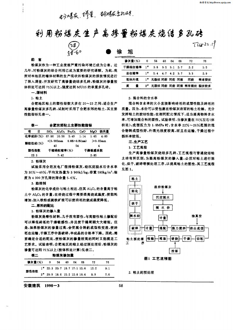 利用粉煤灰生产高掺量粉煤灰烧结多孔砖