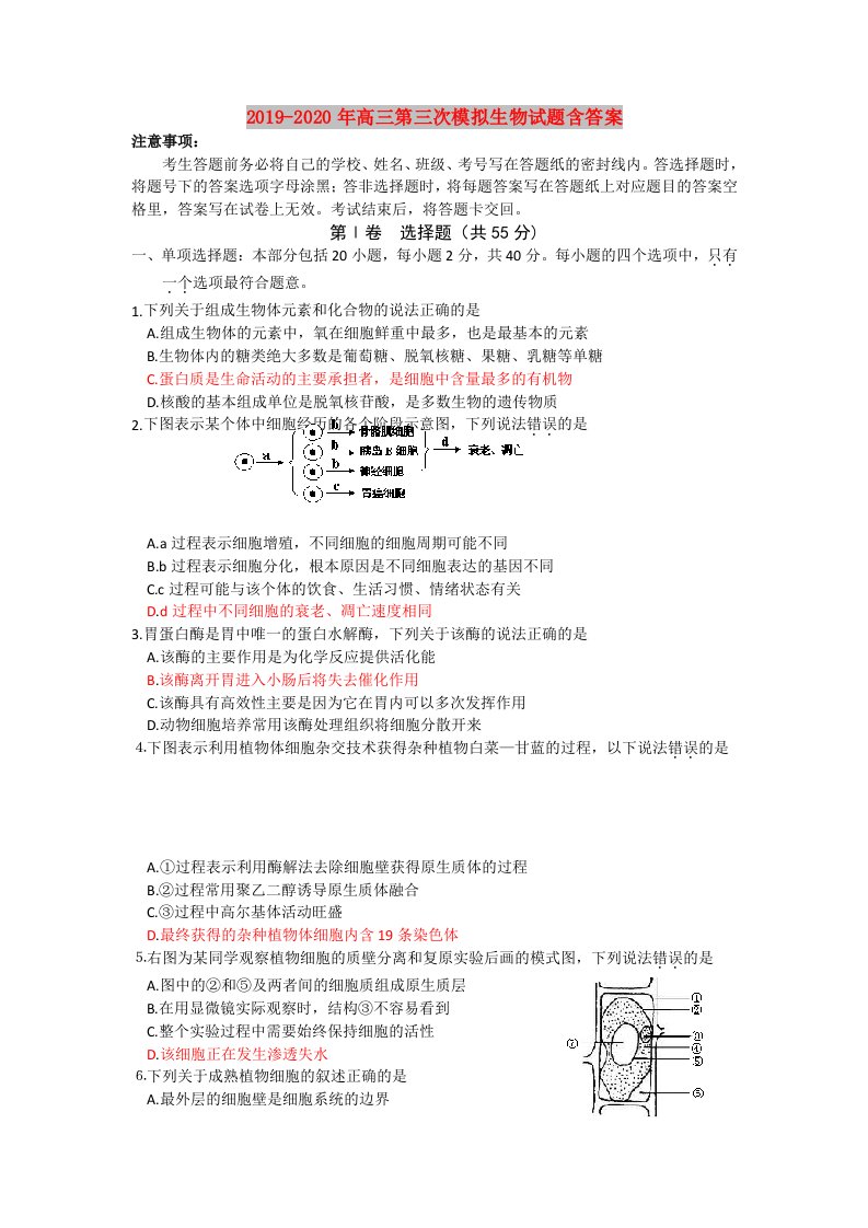 2019-2020年高三第三次模拟生物试题含答案