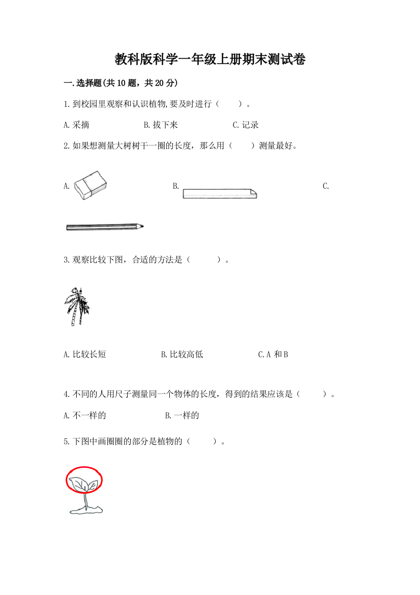 教科版科学一年级上册期末测试卷含完整答案【必刷】