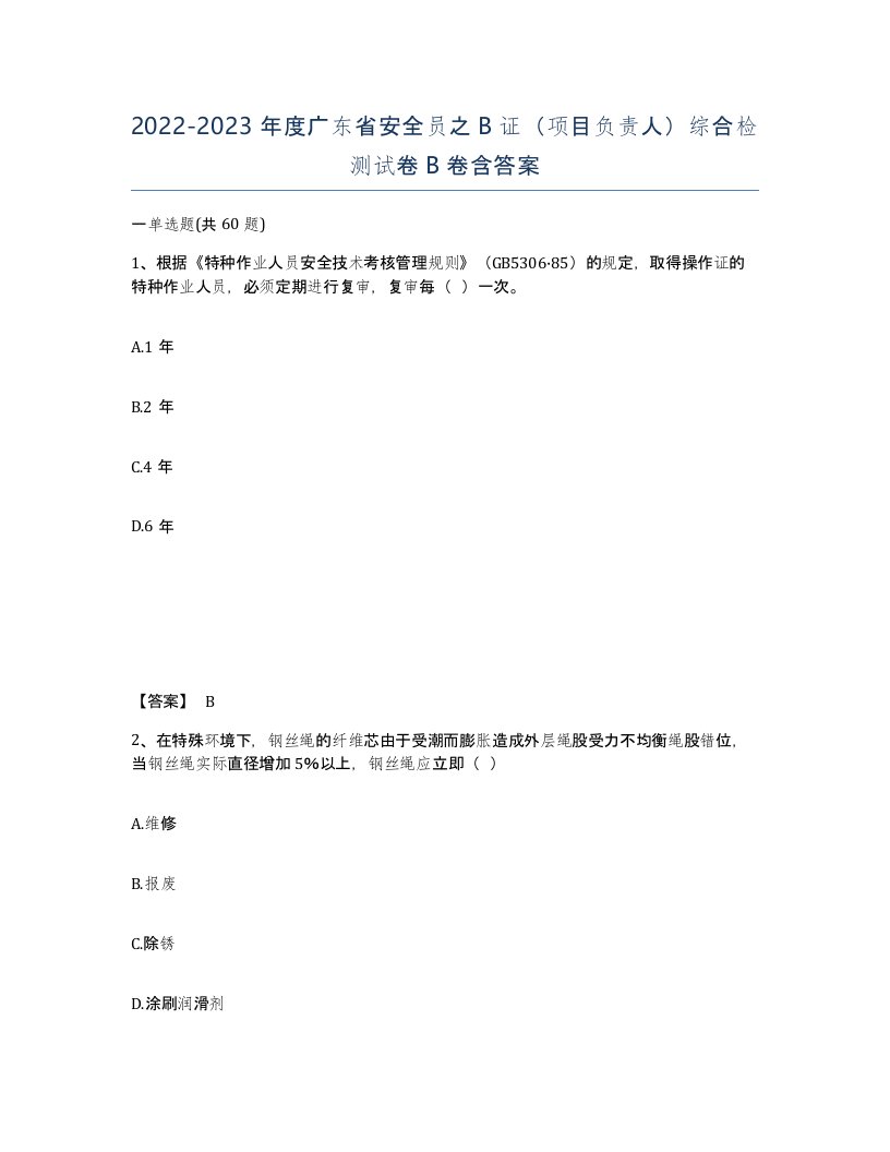 2022-2023年度广东省安全员之B证项目负责人综合检测试卷B卷含答案