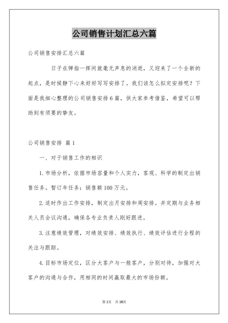 公司销售计划汇总六篇范本